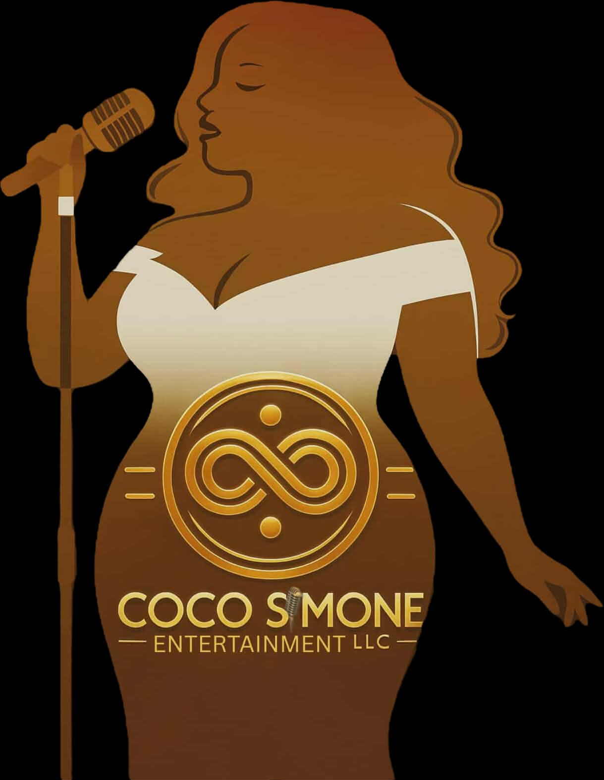 Silhouette of a woman singing into a microphone, with a logo and text for Coco S'Mone Entertainment LLC.