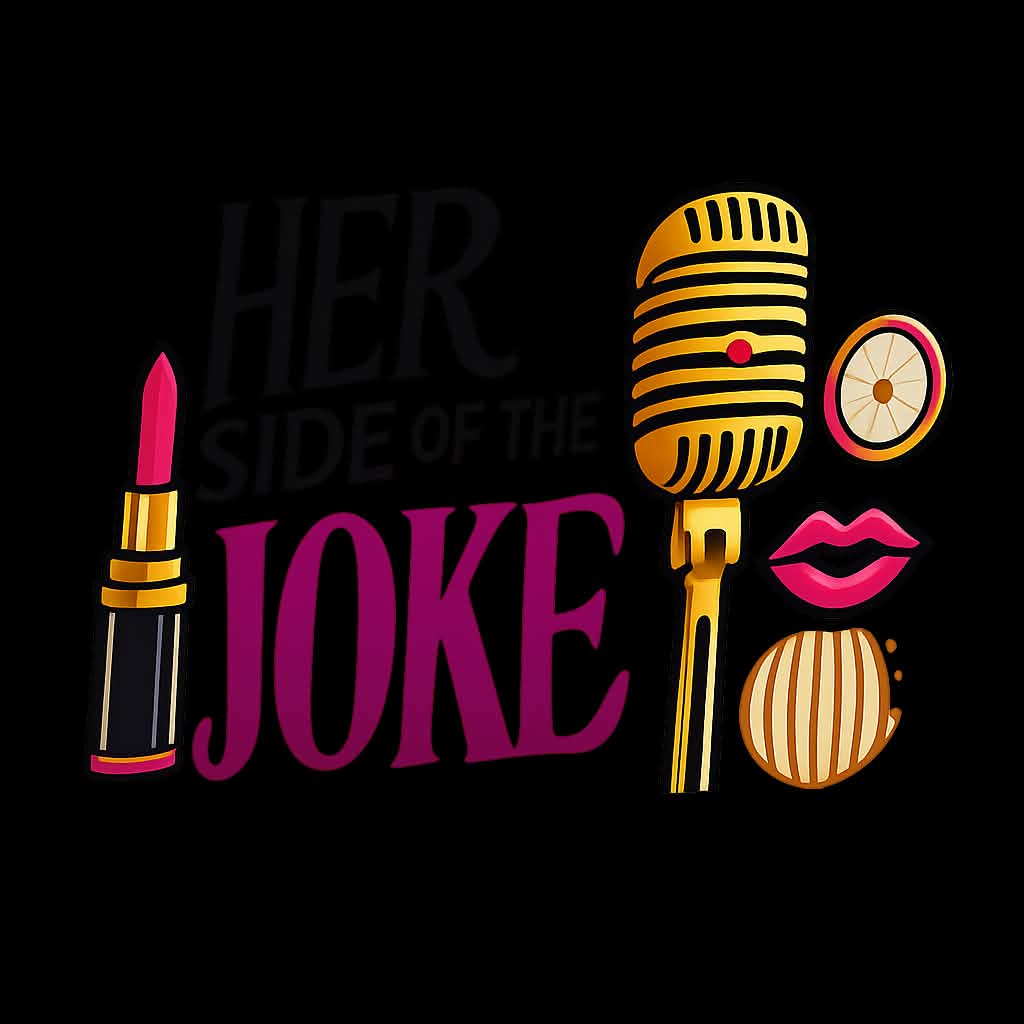 Text with lipstick, microphone, lips, lemon slice, and cookie illustrations, reading 'Her Side of the Joke'.