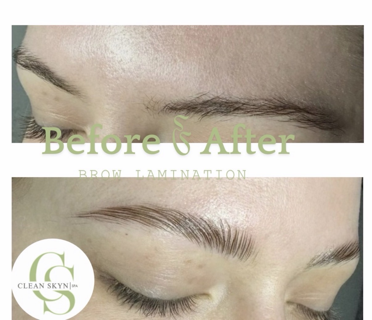Close-up of eyebrows before and after brow lamination, showing improved shape and grooming, with a logo in the bottom left corner.