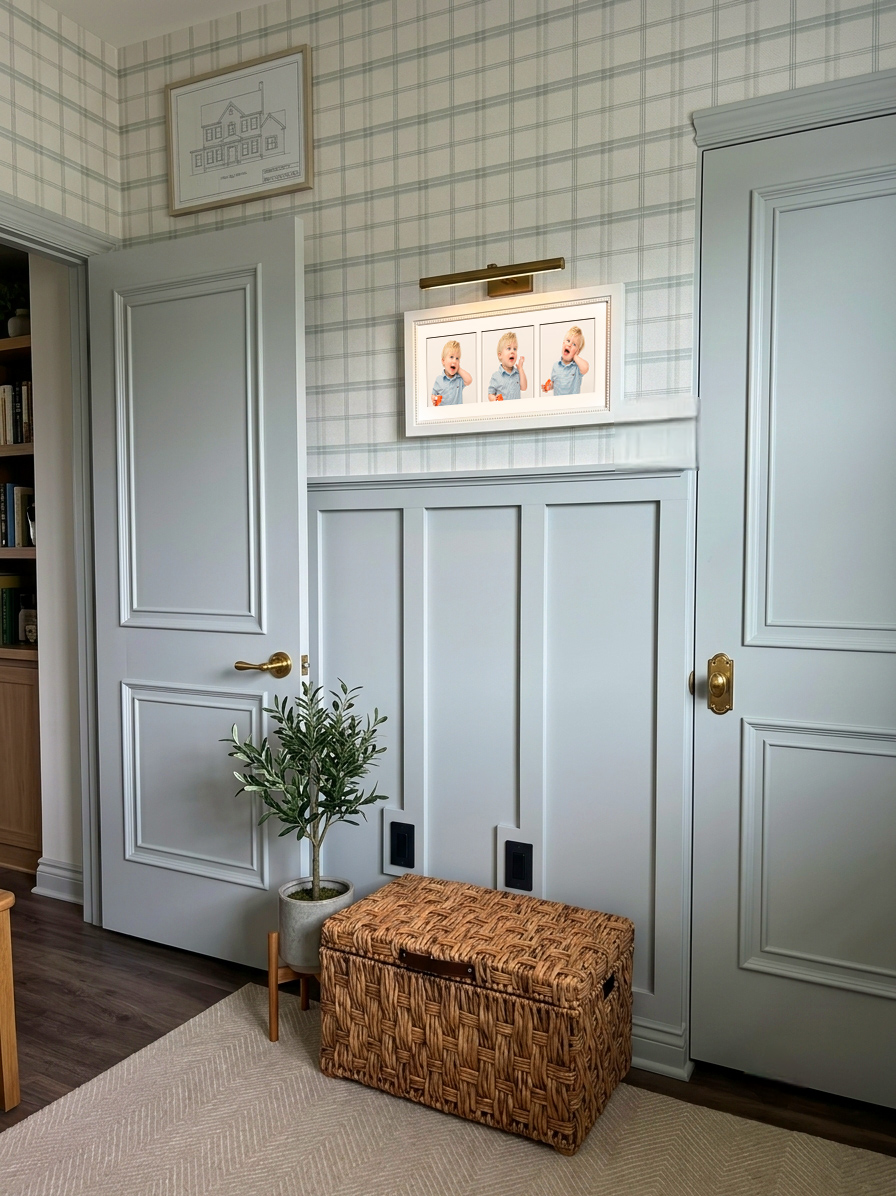 Interior corner with light blue doors, framed photos, a potted plant, and a woven storage bench.