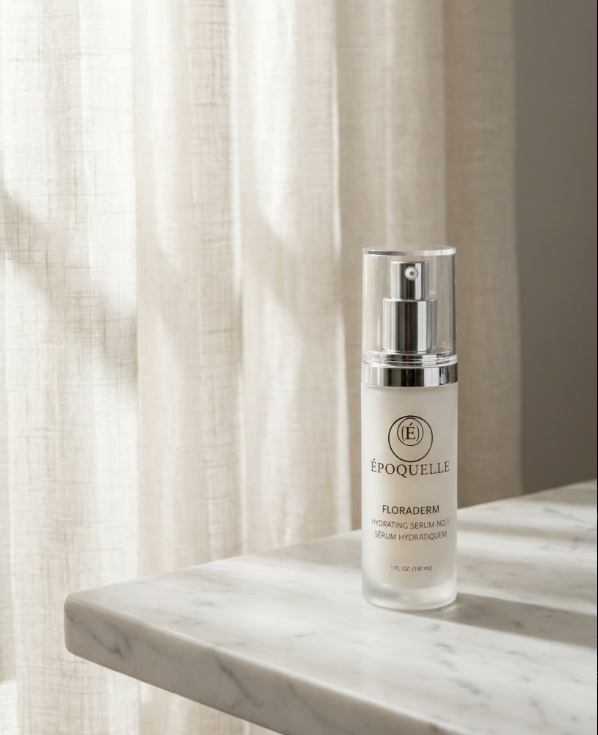 A white bottle with a silver pump and clear cap on a marble surface near a light-colored curtain.