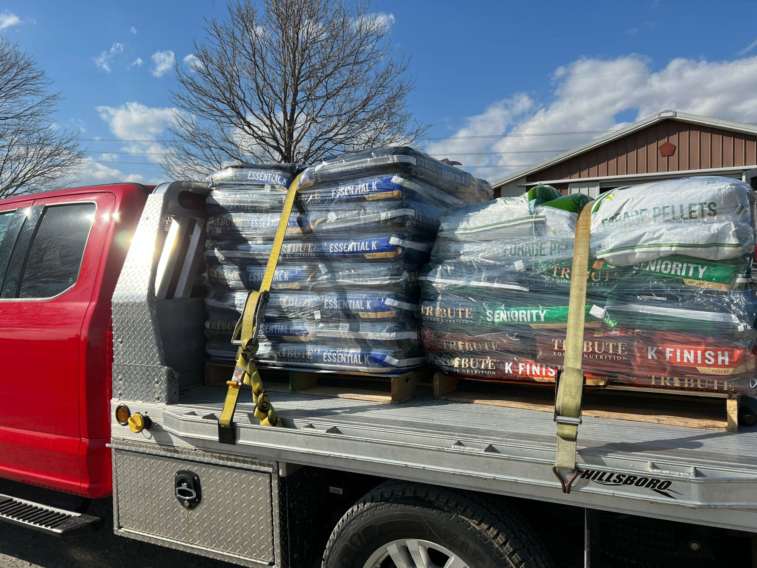 Flatbed truck carrying stacked bags of pet or animal feed outdoors, with trees and blue sky in background.