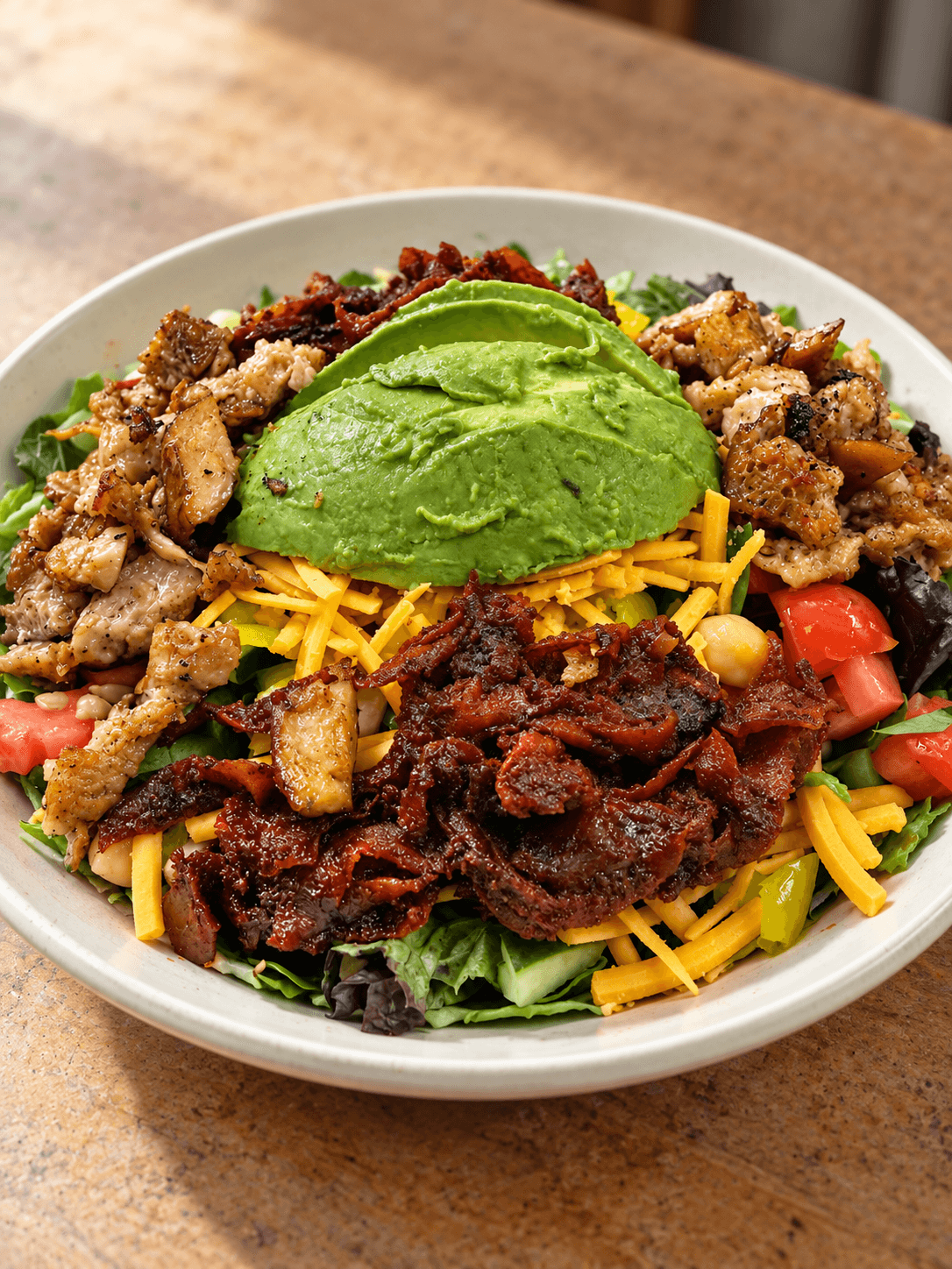 Bowl of salad with avocado, shredded cheese, cooked meat, tomatoes, corn, and greens on a wooden table.