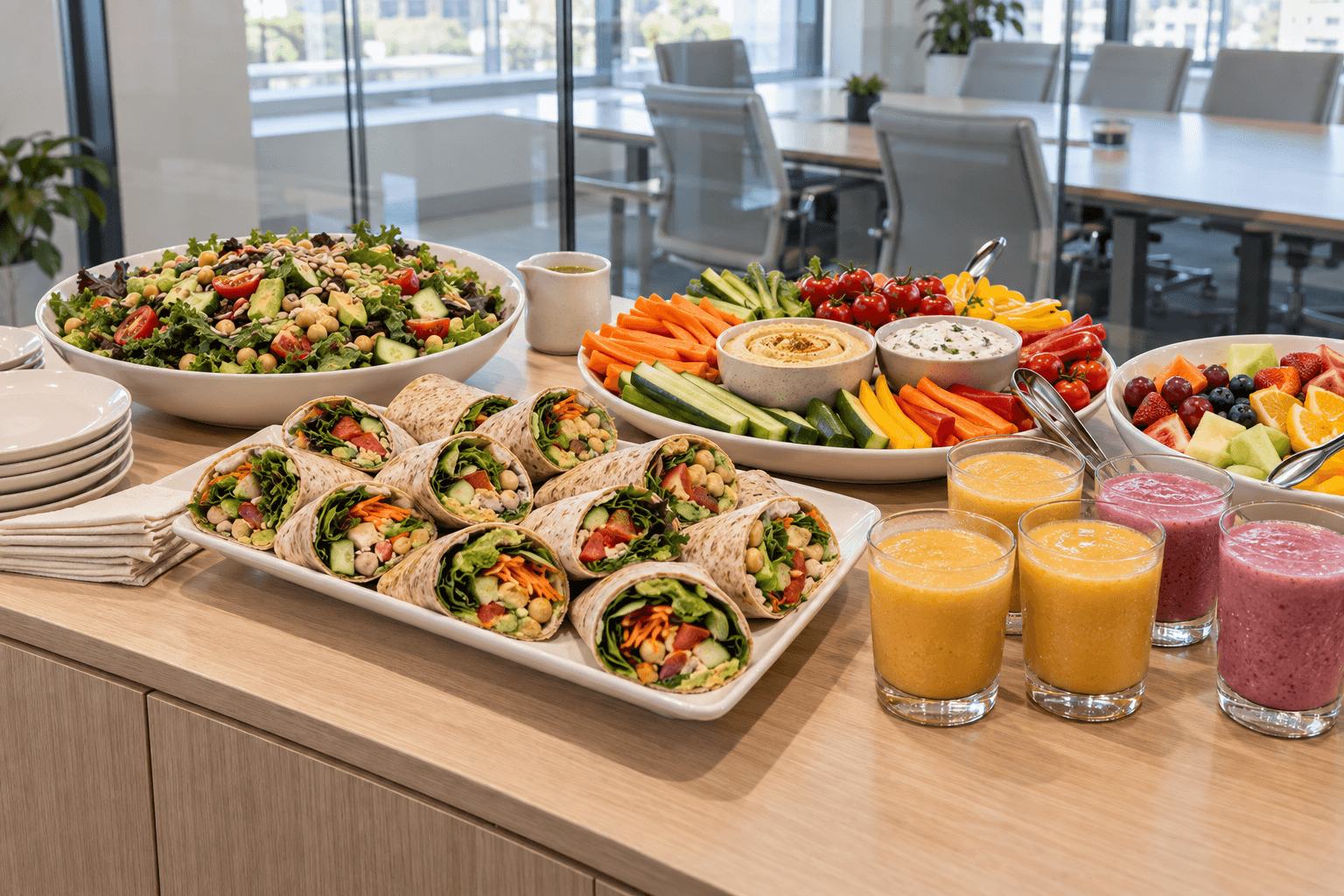 Assorted salads, wraps, and fruit on a table in a bright conference room, with juice glasses nearby.