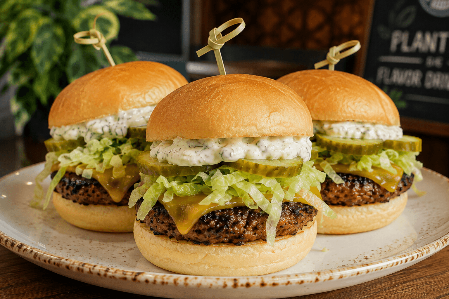 Three mini burgers with lettuce, cheese, and patties on a plate, garnished with skewers, in a restaurant setting.
