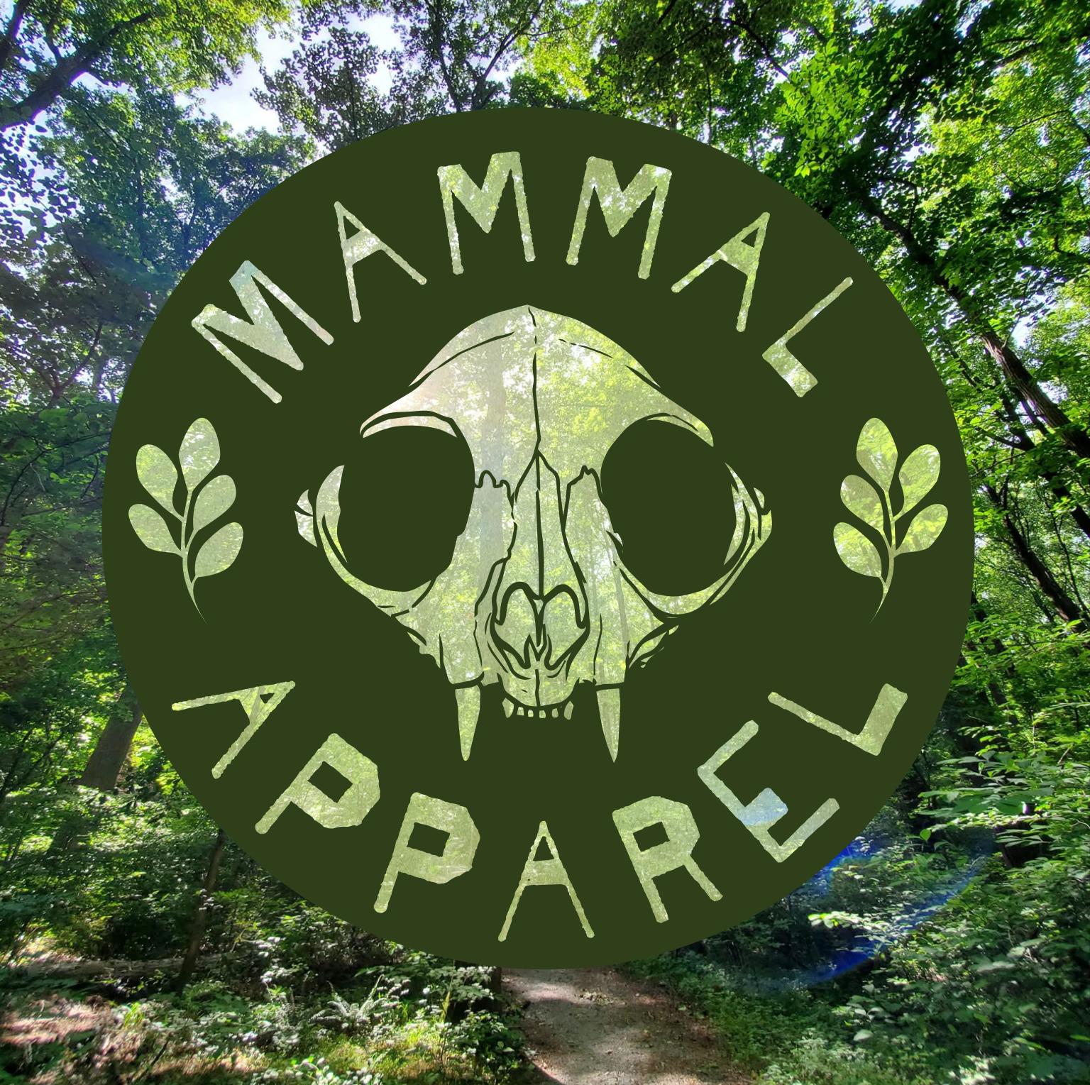 Circular green logo with a stylized animal skull, leaf motifs, and curved lettering against a forest background.
