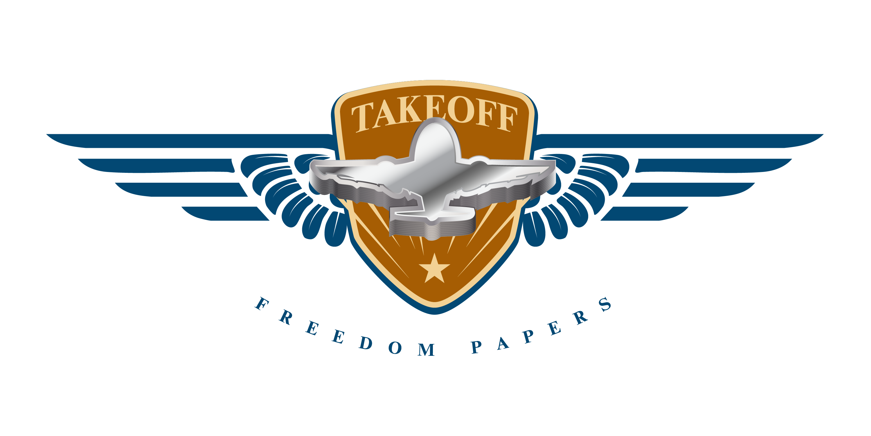 A gold TAKEOFF shield with a silver airplane and blue wings on a black background.