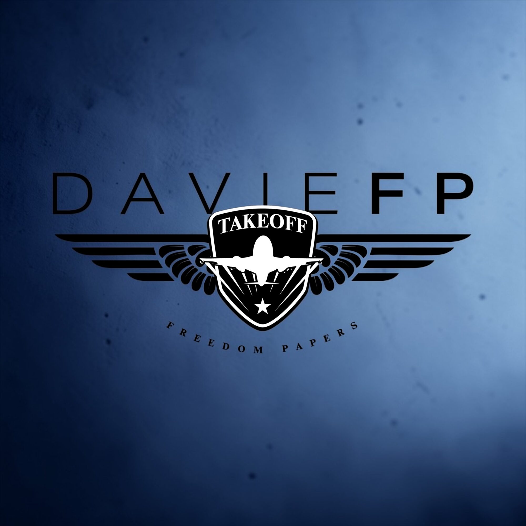 A black winged emblem with a shield reading “TAKEOFF” beneath the letters “DAVIE FP” on a blue background.