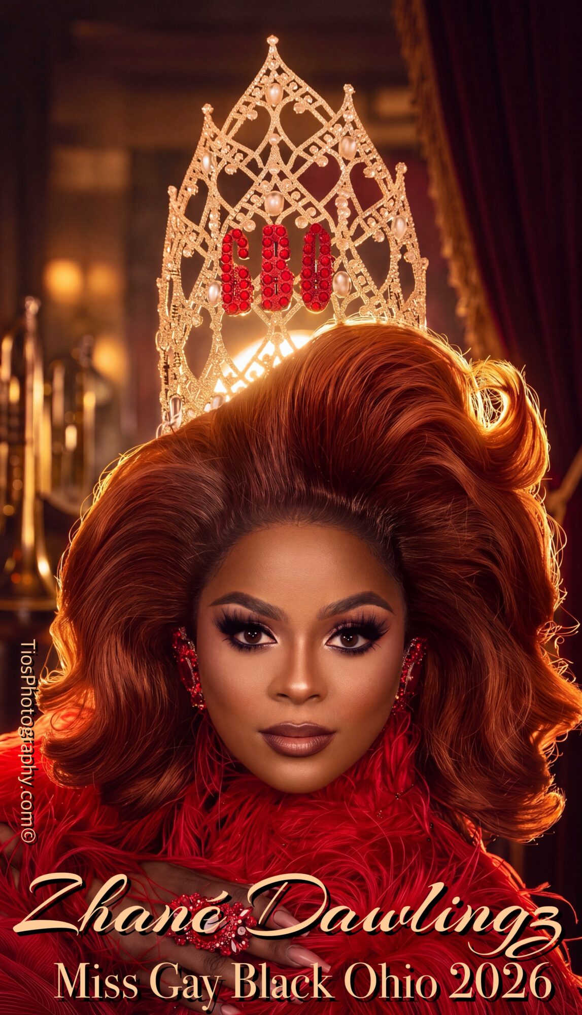 Miss Gay Black Ohio 2026 contestant with red hair and a crown, looking at the camera indoors.
