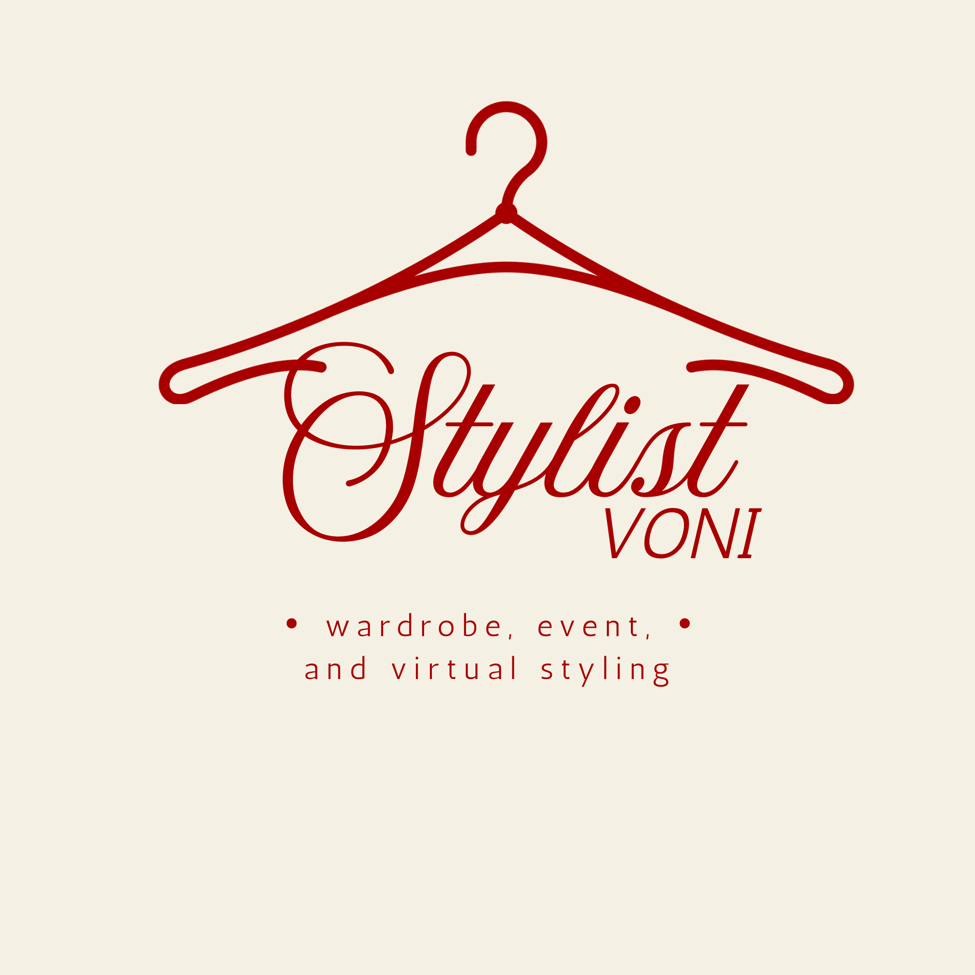 Logo with a red hanger and text 'Stylist VONI' and description of wardrobe, event, and virtual styling, on a light background.