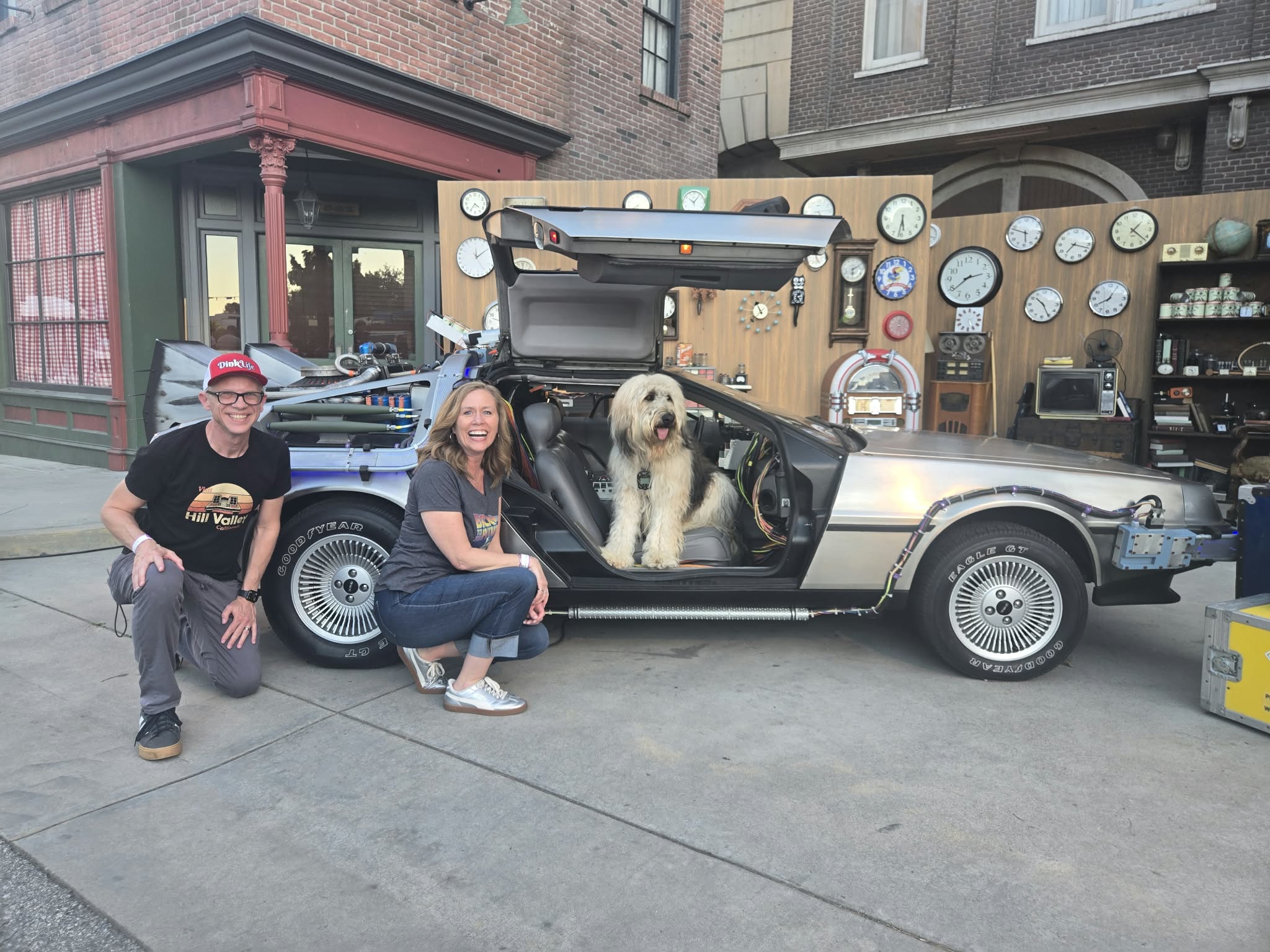 Two people and a dog sit in a vintage car with a decorated exterior, parked on a city street.