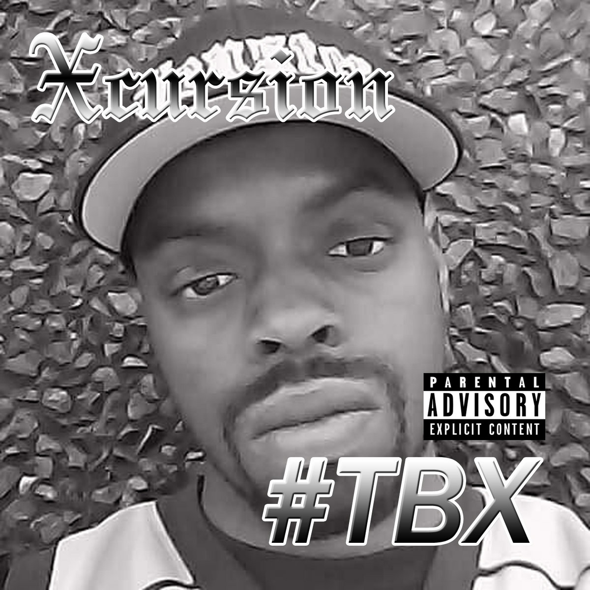 Young man wearing a cap, looking at the camera, with a textured background, text overlays, and a parental advisory label.