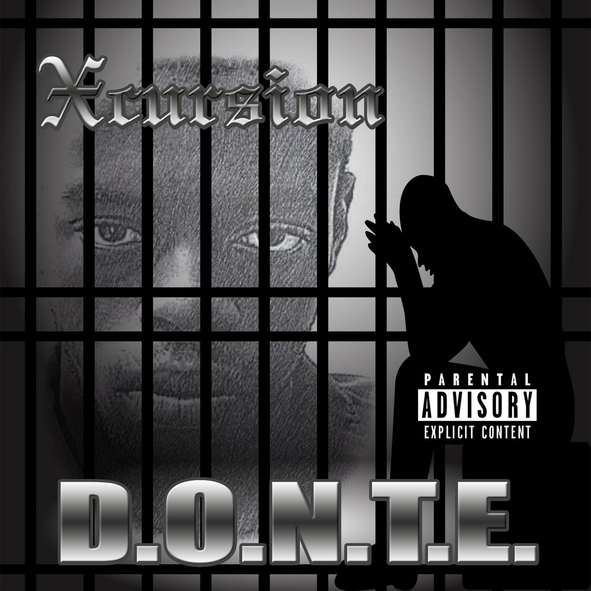 Silhouette of a person praying in front of a barred window with a faded face behind bars, text, and a parental advisory label.