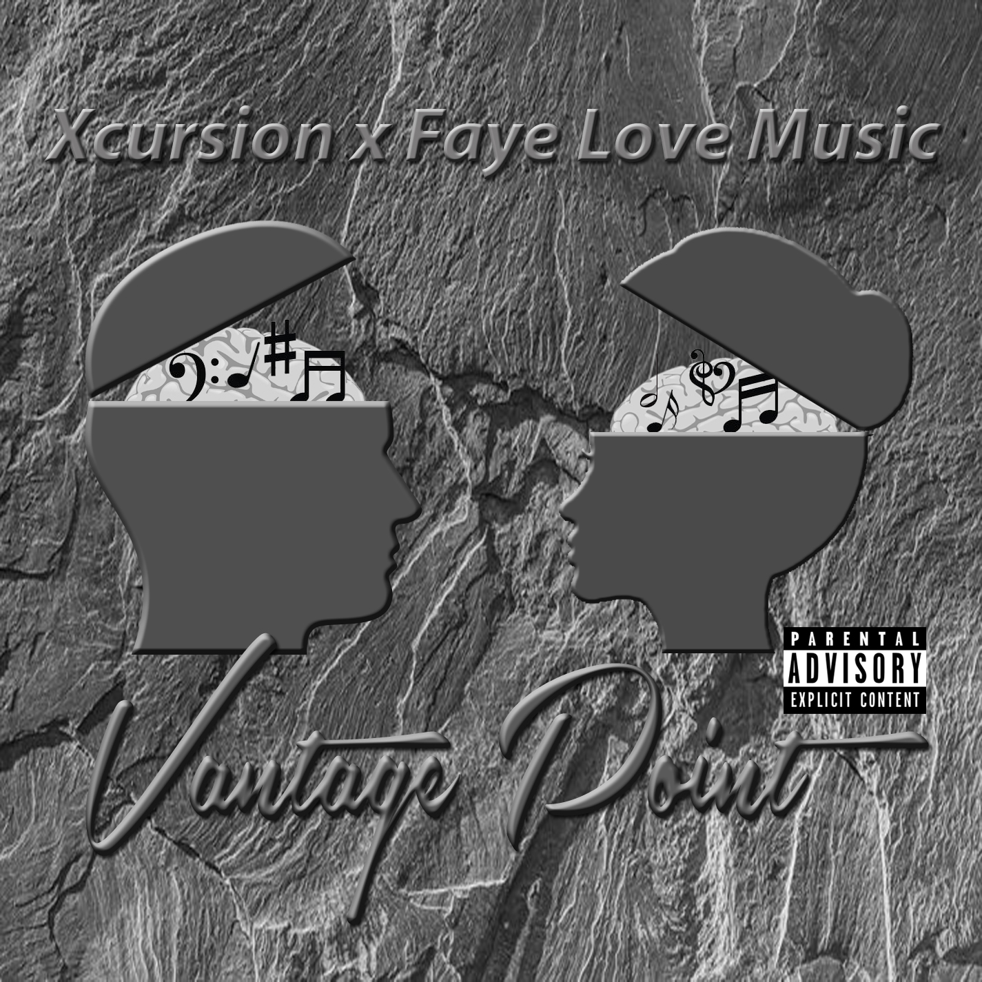 Silhouettes of two people facing each other with musical notes and symbols above their heads, textured background, text overlay.