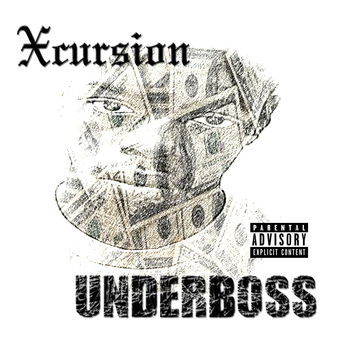 A collage-style image with a face, text, and a parental advisory label, in black and white, with layered elements.