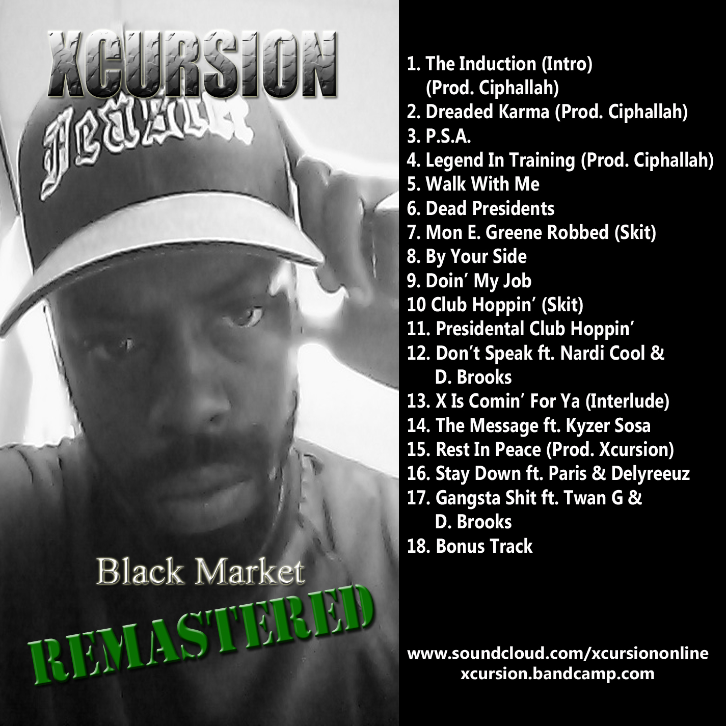 Black and white photo of a man with text listing song titles and a website link.