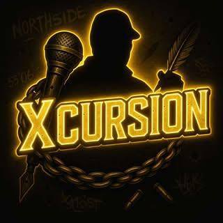 Silhouette of a person with a microphone and feather, with the text 'XCURSION' in front, glowing yellow, chain below.