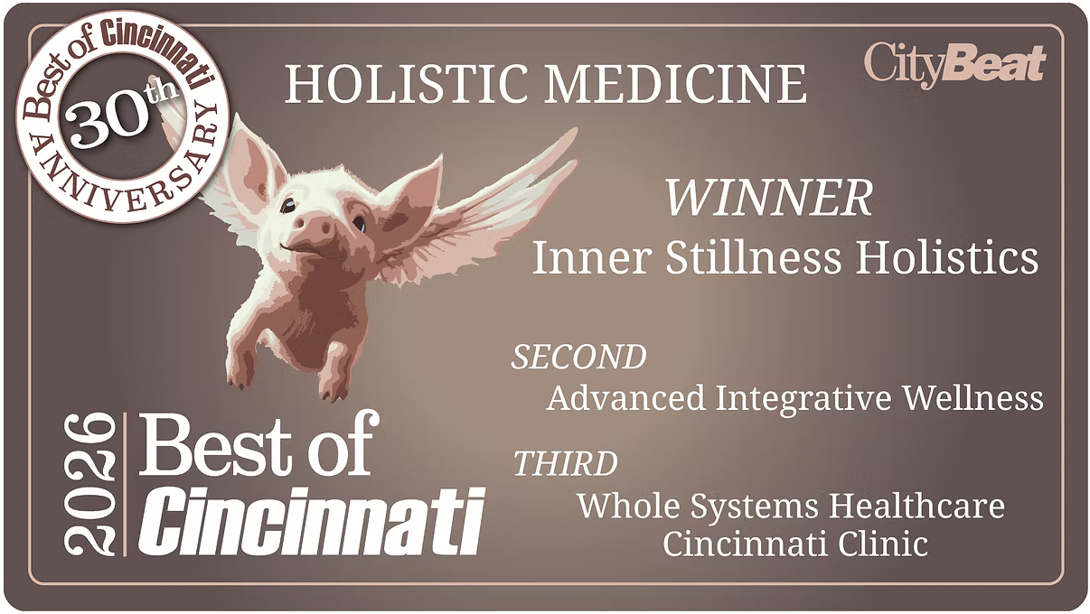 Award certificate for Best of Cincinnati 2023, holistic medicine winner, featuring a flying pig, with text and logos.