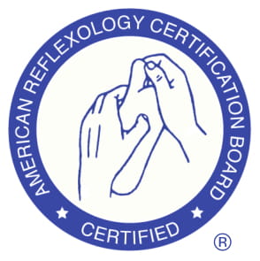 Circular logo with hands forming a heart shape, text around the edge reads 'American Reflexology Certification Board Certified', blue and white colors.