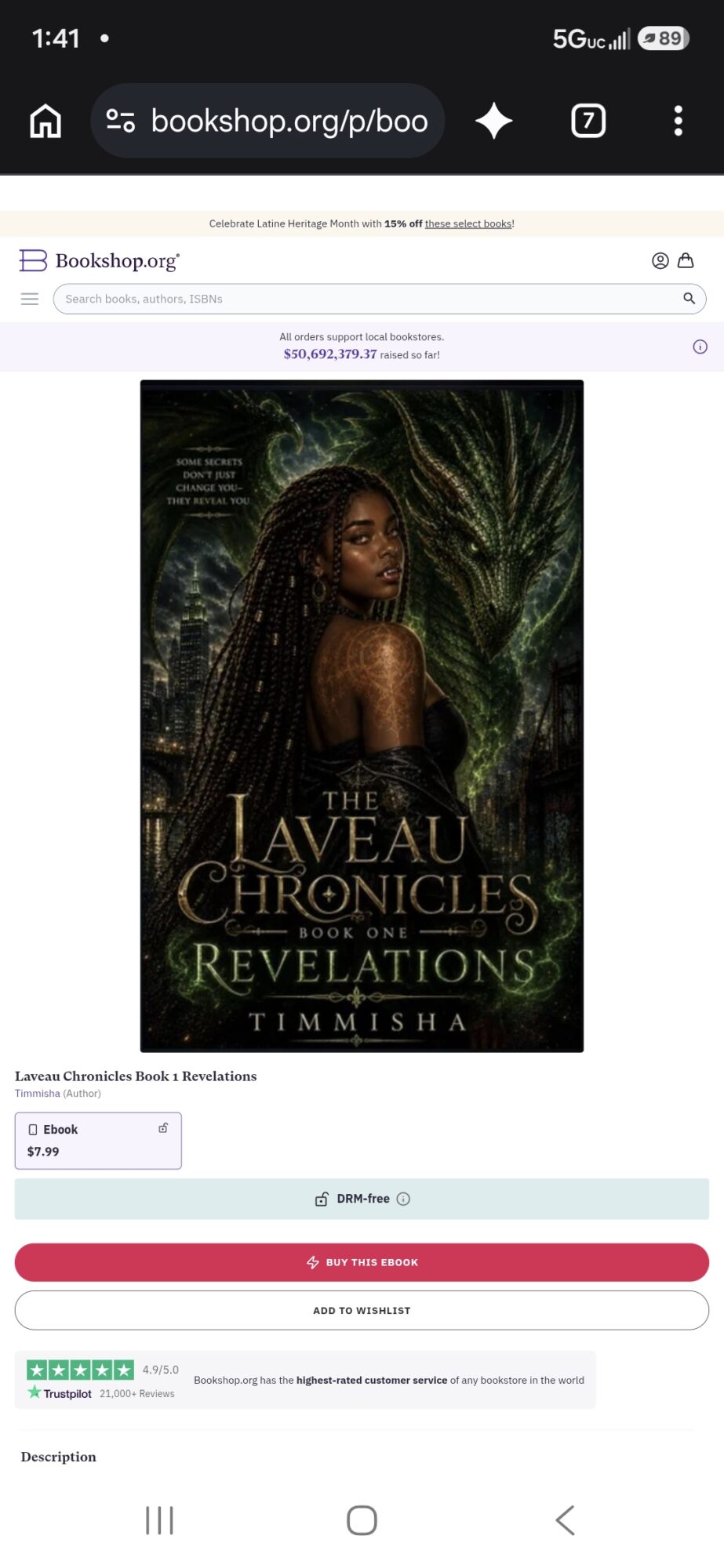 Book cover featuring a woman with long braids and a dark dress, green foliage background, title 'The Aevia Chronicles: Revelations' by Timmisha.