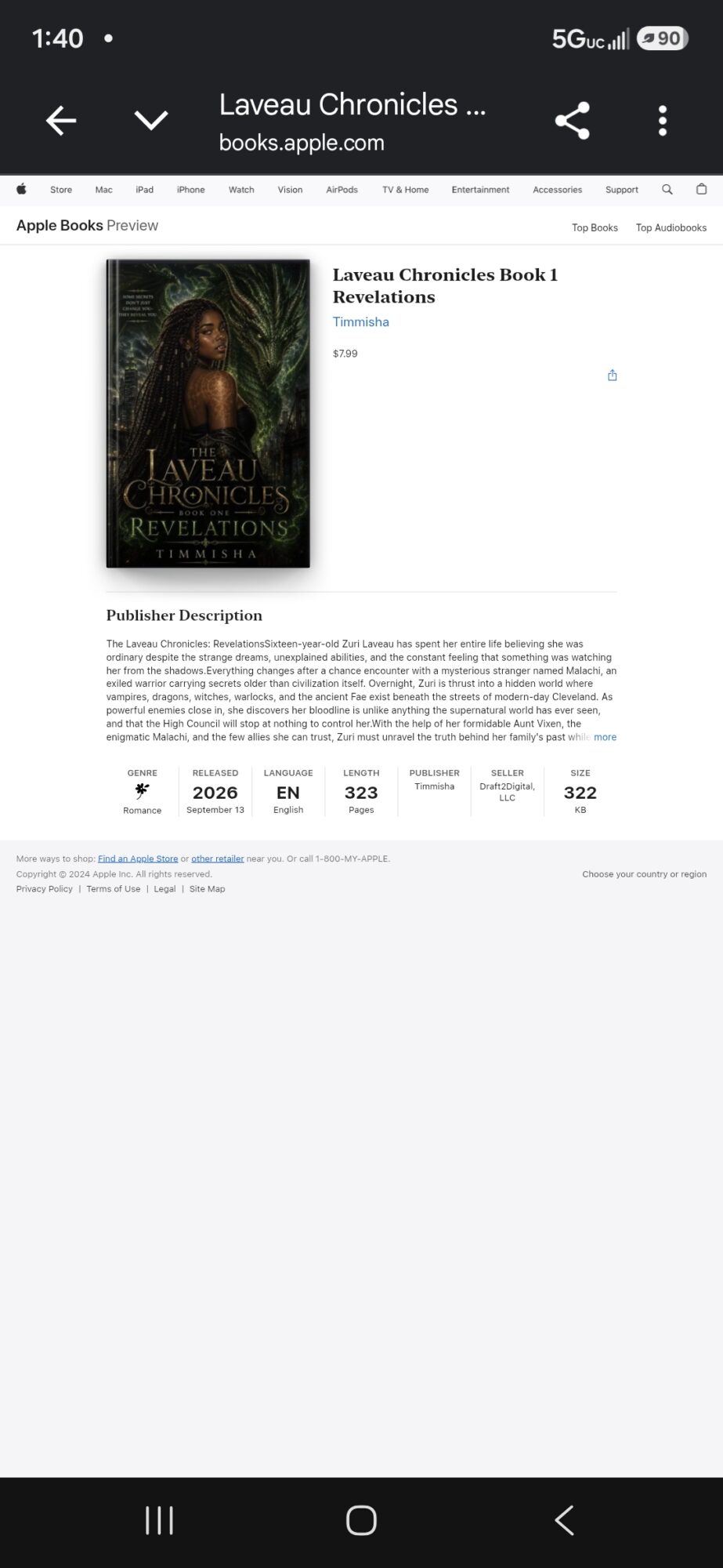 Book cover with a woman and a dark background, title 'Laveau Chronicles Book 1', author and description below.