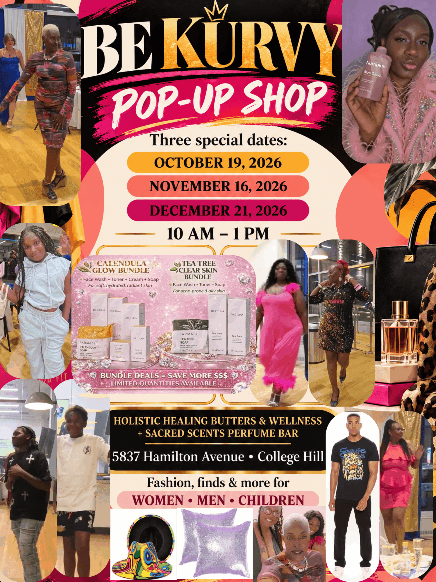 Poster for Be Kurvy pop-up shop with dates, images of women, products, and store details.