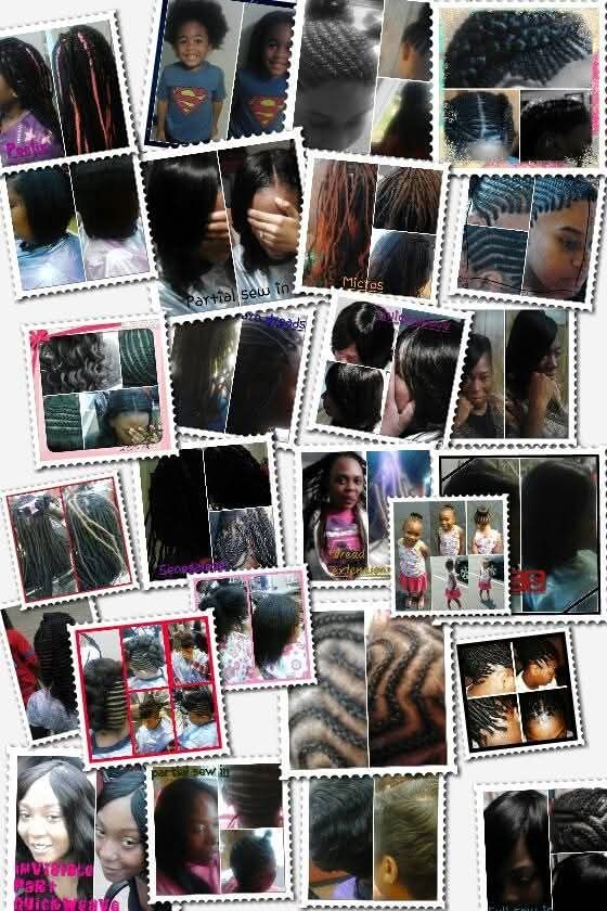 Collection of images showing various hairstyles and hair textures on children and adults, including braids, curls, and straight hair.