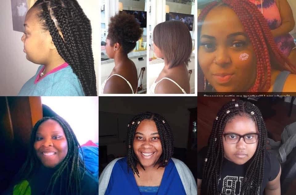 Six women with various hairstyles, some smiling, some wearing glasses, in different settings.