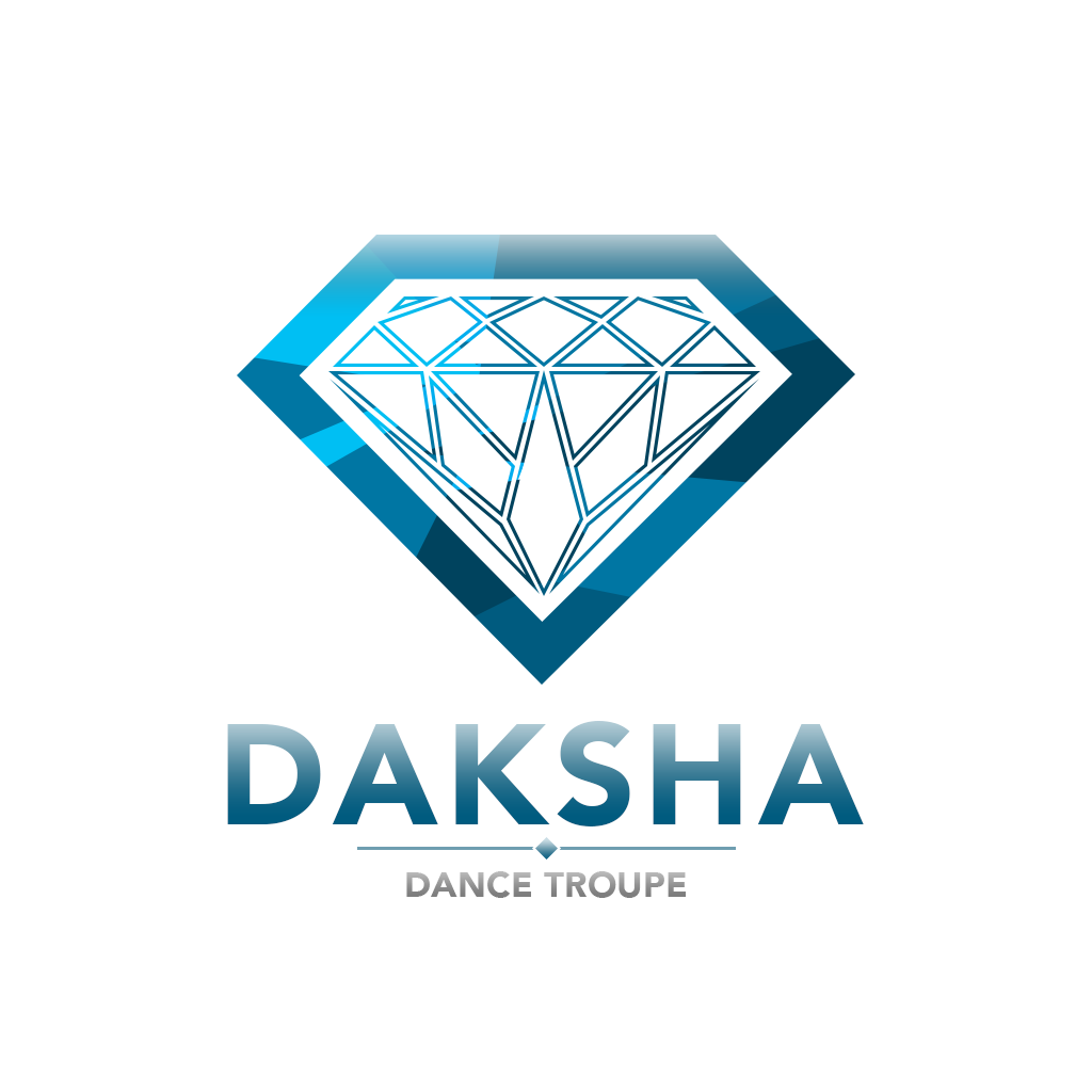 A diamond-shaped logo with a stylized diamond graphic and the text 'DAKSHA' and 'DANCE TROUPE' below.