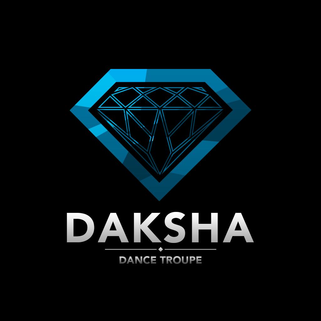 Blue diamond logo with the word 'DAKSHA' and 'DANCE TROUPE' below, on a black background.