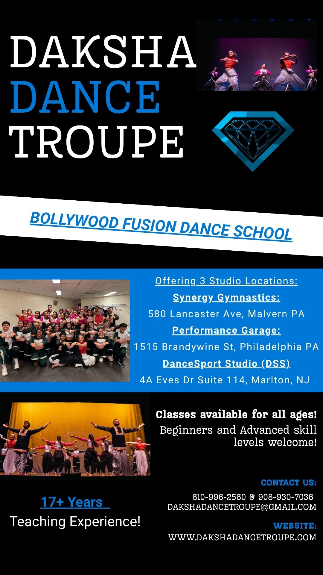 Poster for Bollywood fusion dance school with group photo, dance troupe name, and class information.