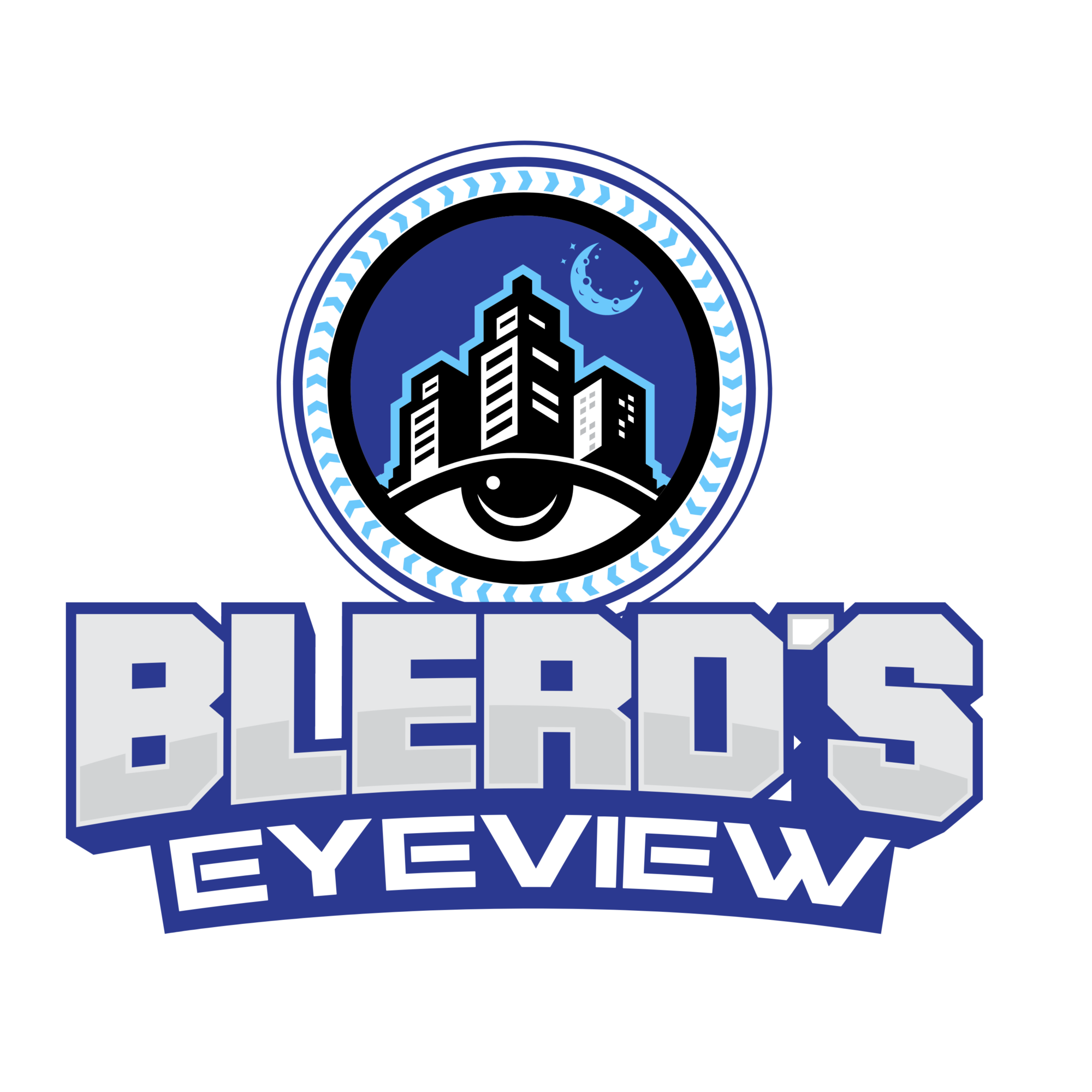 Logo with cityscape, eye, and night sky, with text 'BLERD'S EYE VIEW'.