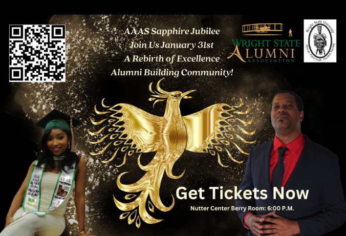 Event poster with a gold phoenix, two people, and text about AAAS Sapphire Jubilee and alumni event.