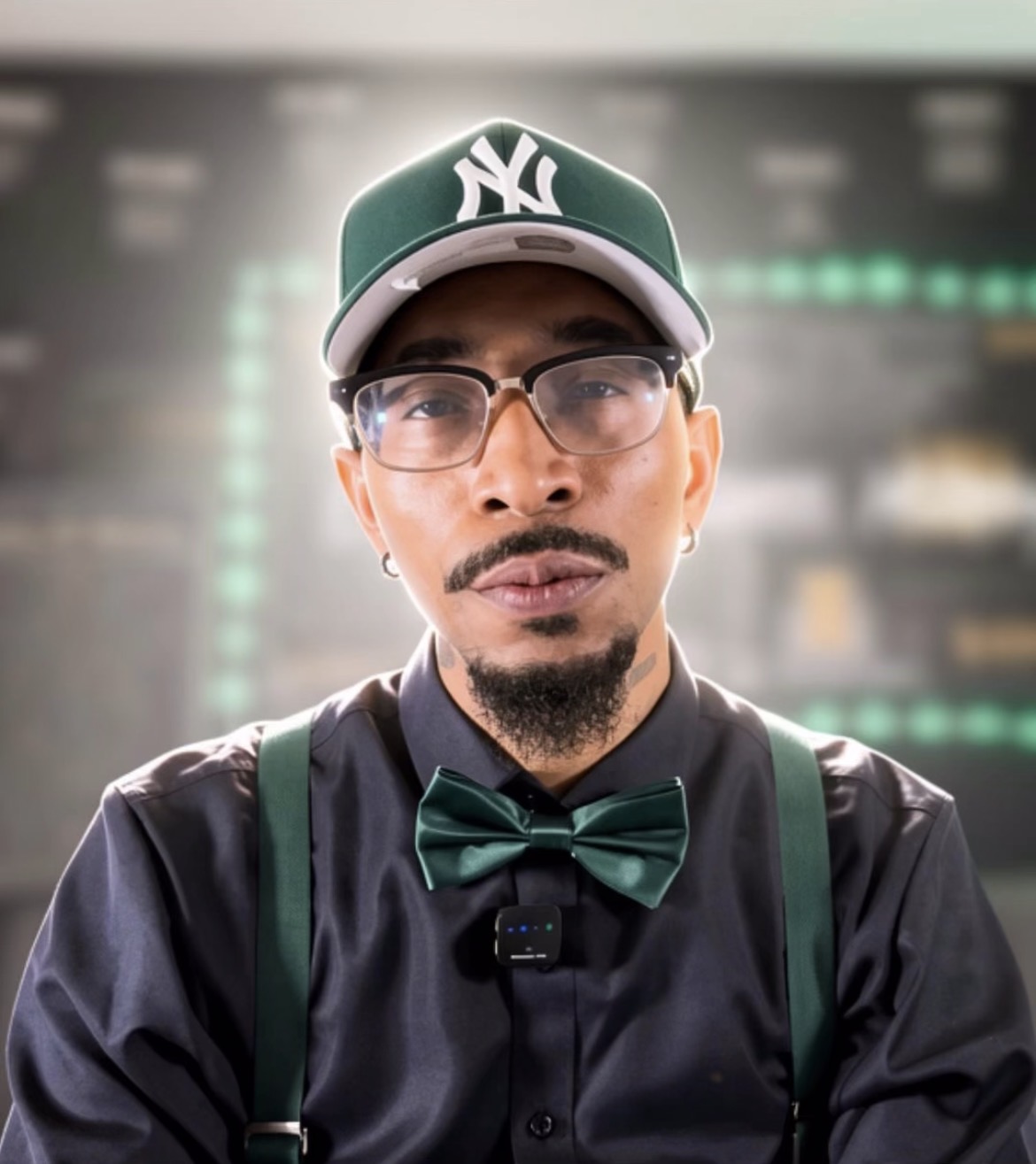 Man wearing glasses, a green New York Yankees cap, a black shirt with a green bow tie, and suspenders, standing indoors.