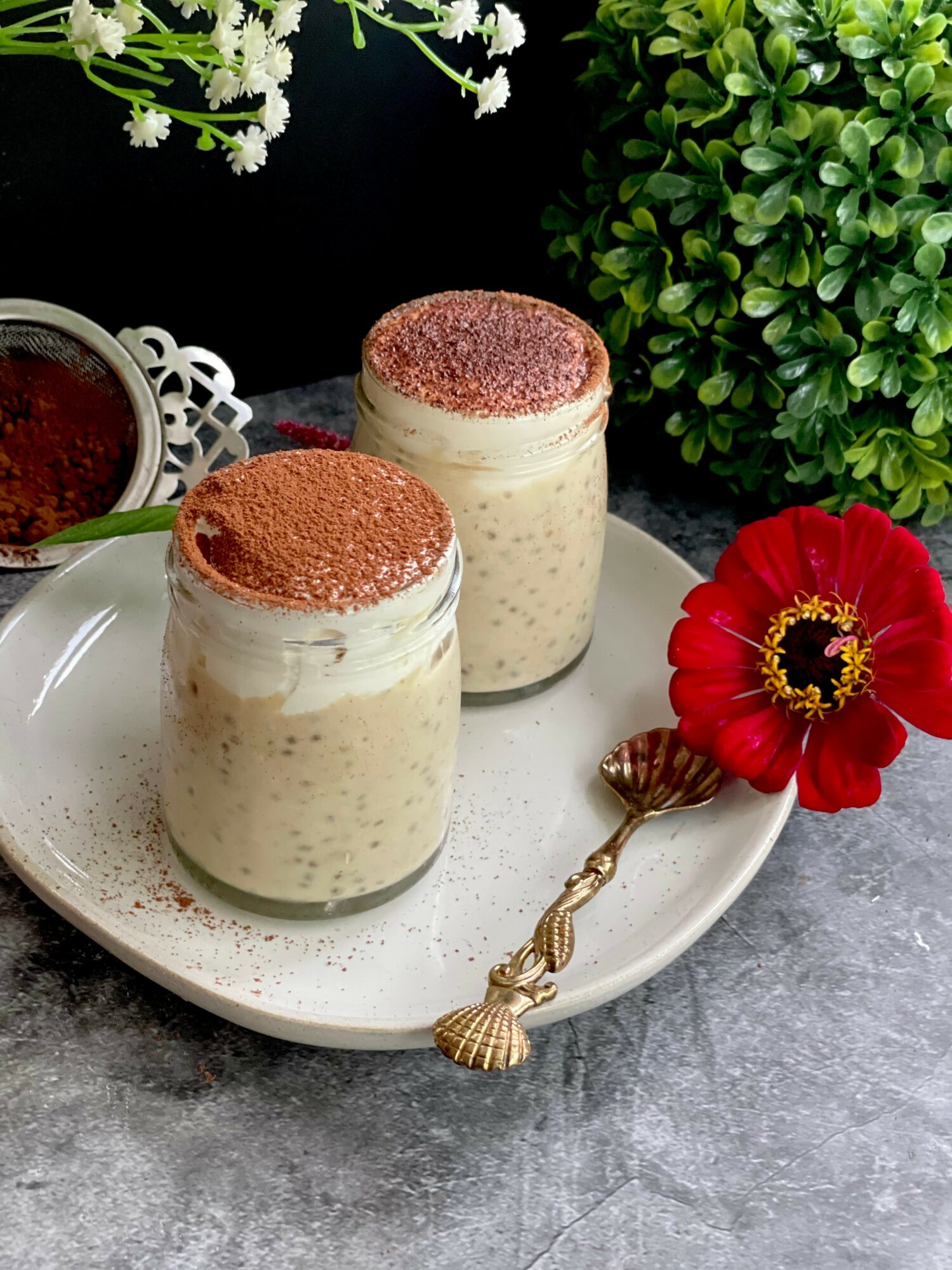Two glasses of creamy dessert topped with cocoa powder on a white plate, with a red flower and green plants in background.