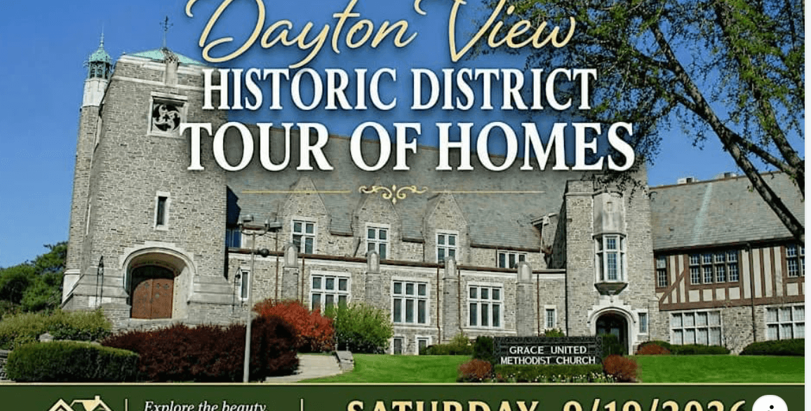 Historic stone building with turrets and trees, promoting a tour of homes in Dayton View's historic district.