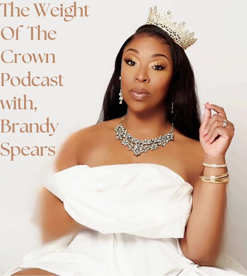 Woman wearing a crown and jewelry, dressed in white, with text about a podcast on the left side.