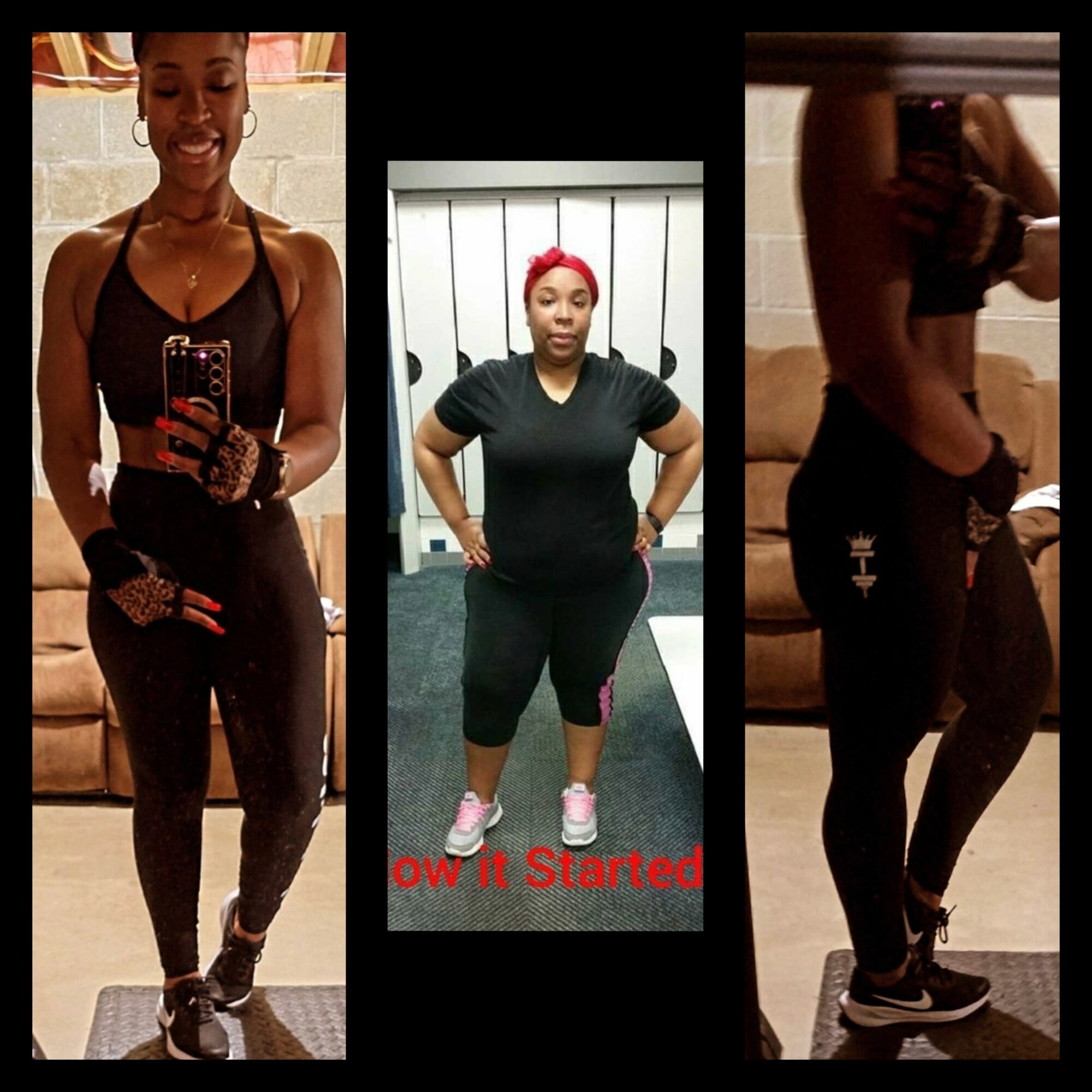Three women in workout clothes, one taking a mirror selfie, one standing with hands on hips, and one showing side profile.
