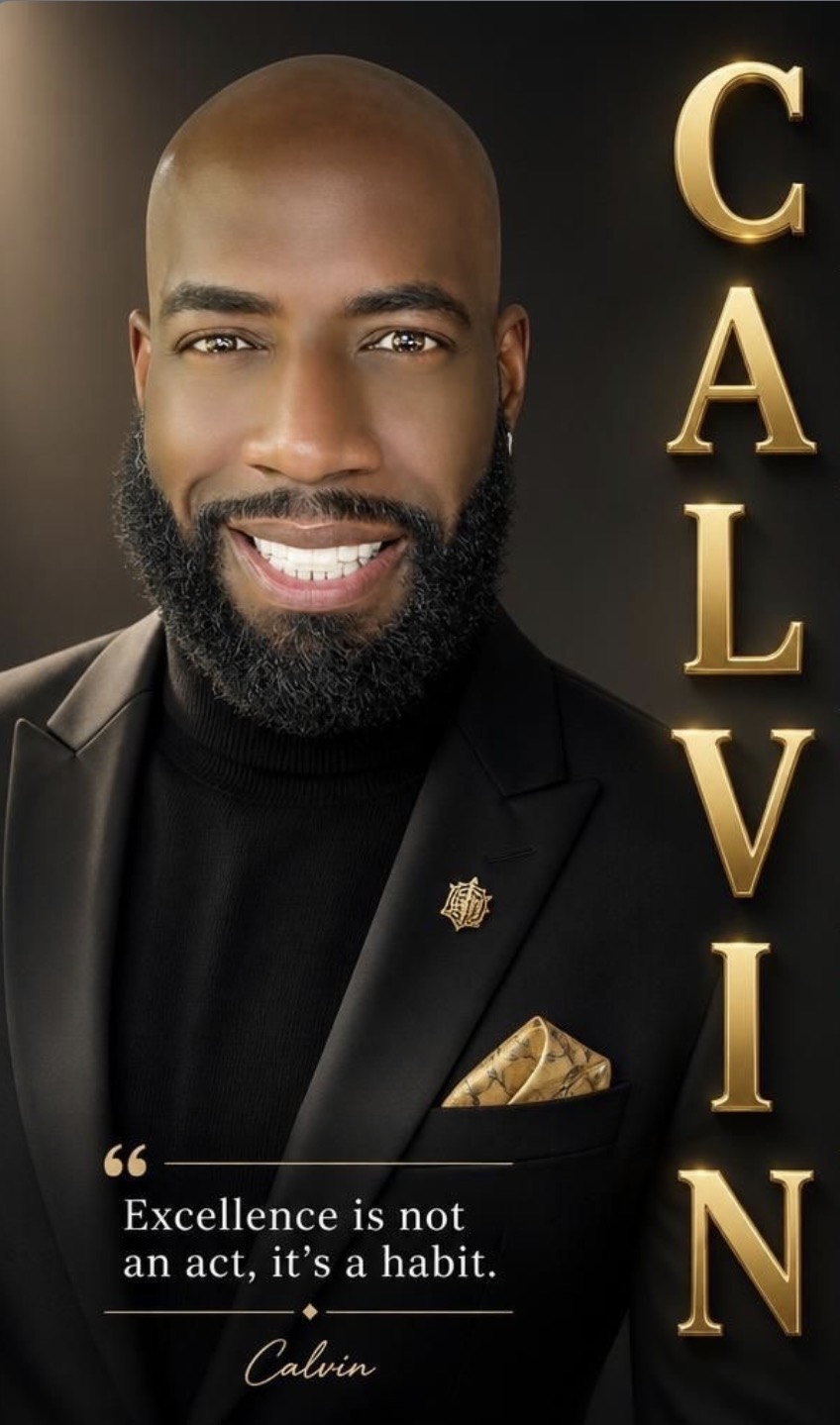 Portrait of a smiling man with a beard, wearing a black suit and gold accessories, with the name 'Calvin' and quote.