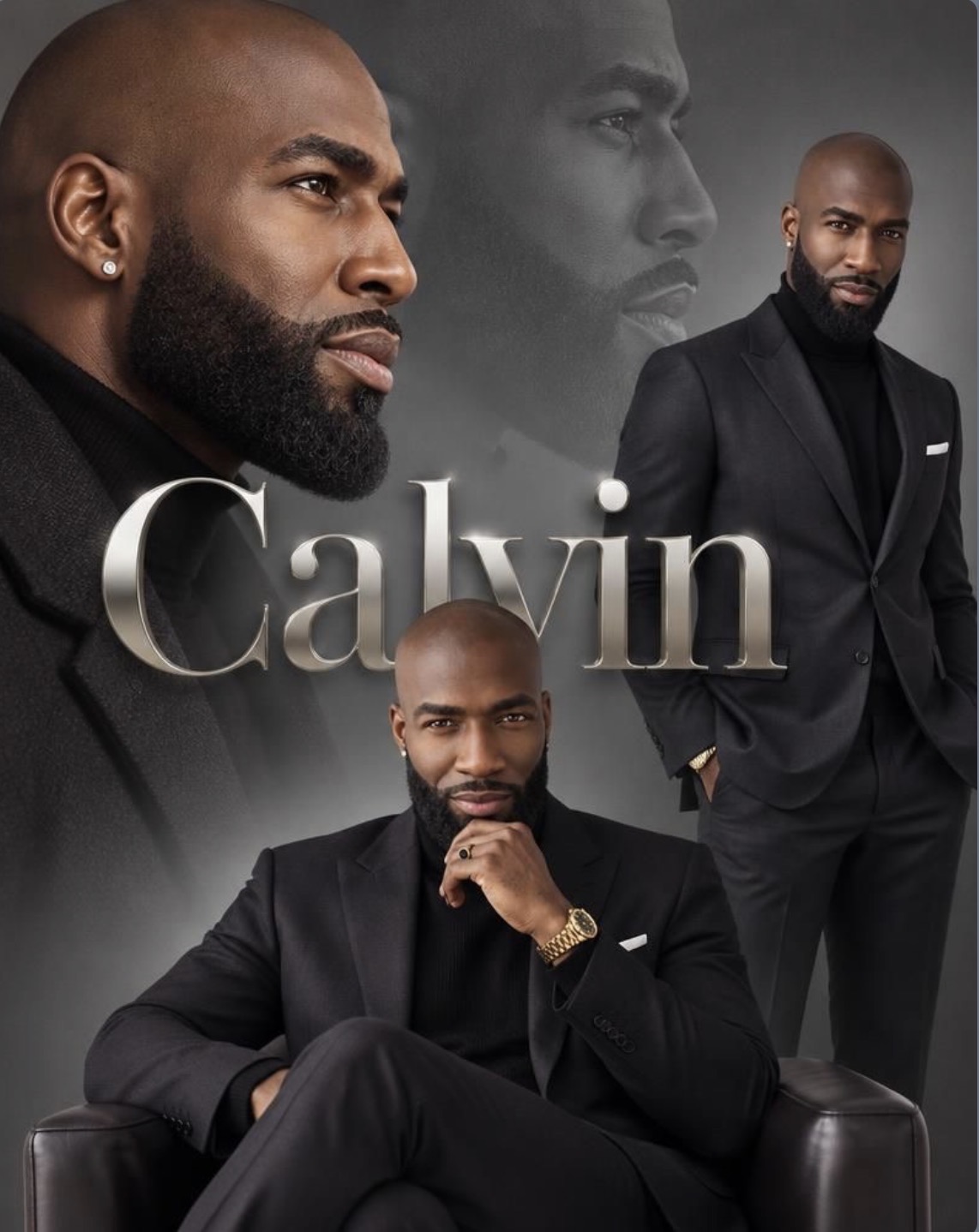 Three men in black suits, two sitting and one standing, with a large, semi-transparent face in the background. The word 'Calvin' is displayed.
