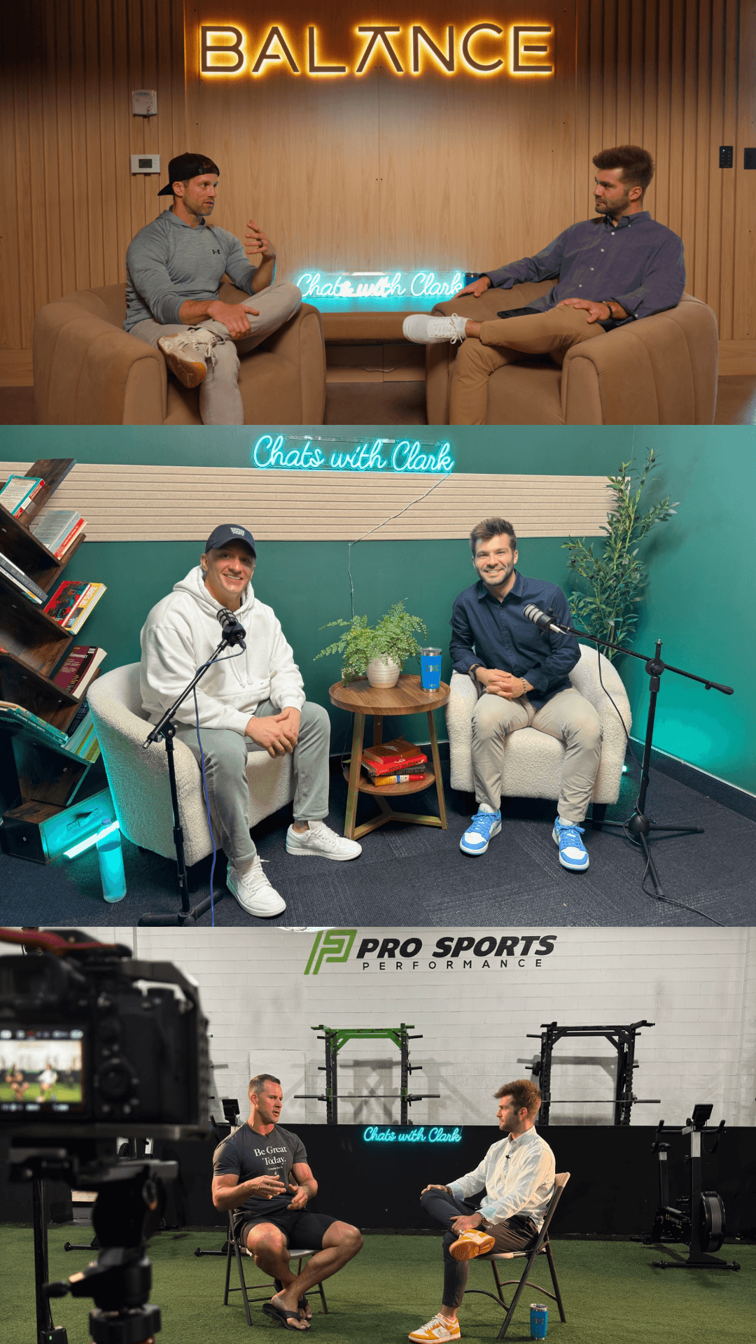 Three images of people in different settings: two men talking in a studio, two men in a library, and two men in a gym, sitting and talking.