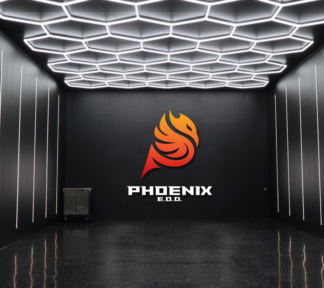 Interior room with a black wall, illuminated ceiling with hexagonal light pattern, and a logo of a stylized phoenix flame with the text 'PHOENIX E.O.O.' beneath.