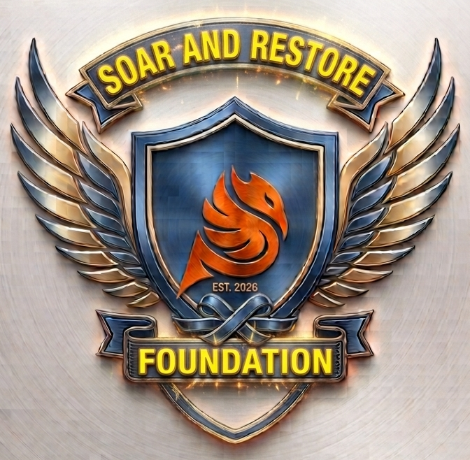 A shield emblem with wings, featuring a flame symbol, and text 'SOAR AND RESTORE FOUNDATION' and 'EST. 2026'.