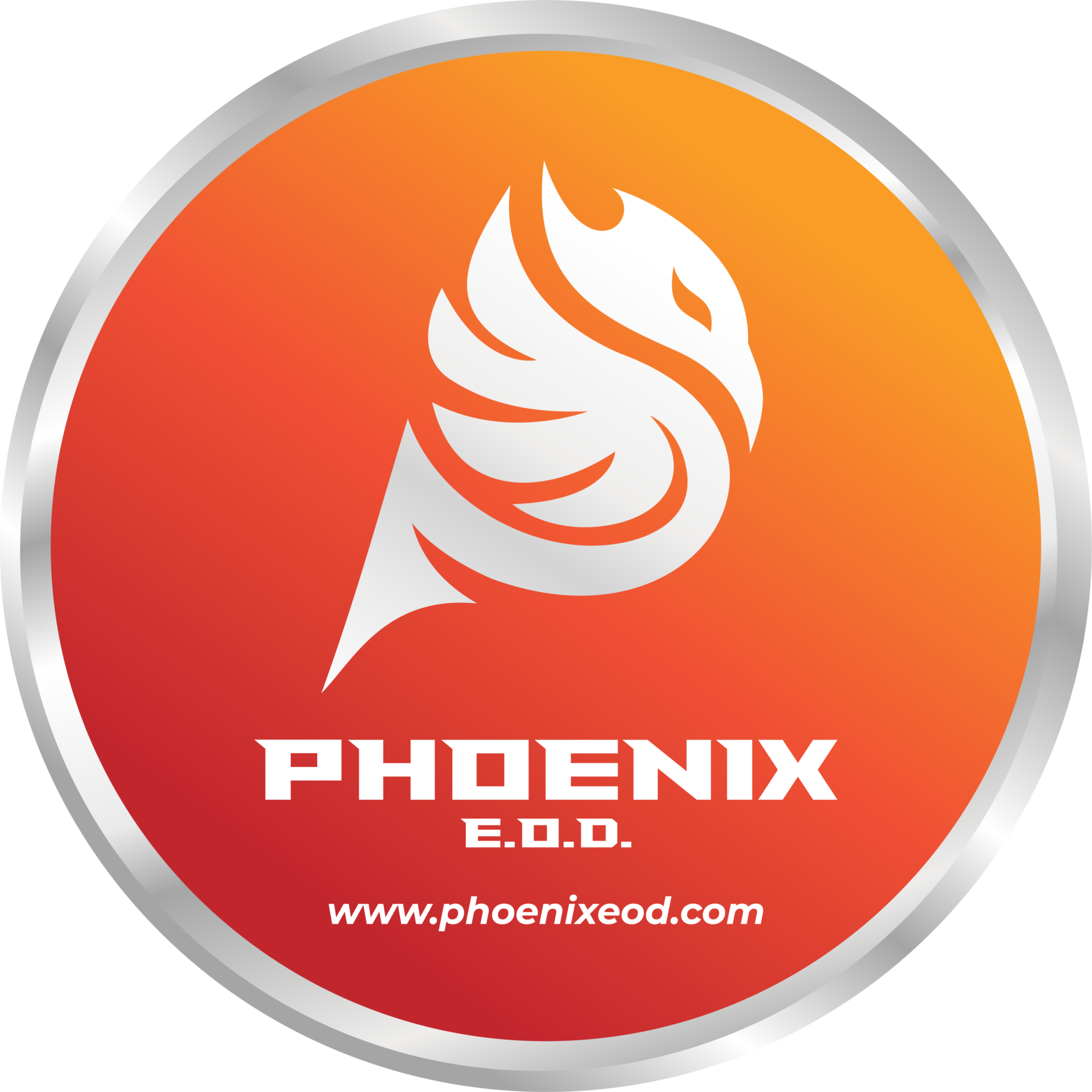 Circular logo with a stylized white phoenix on an orange gradient background, text reads 'PHOENIX E.O.D.' and website below.