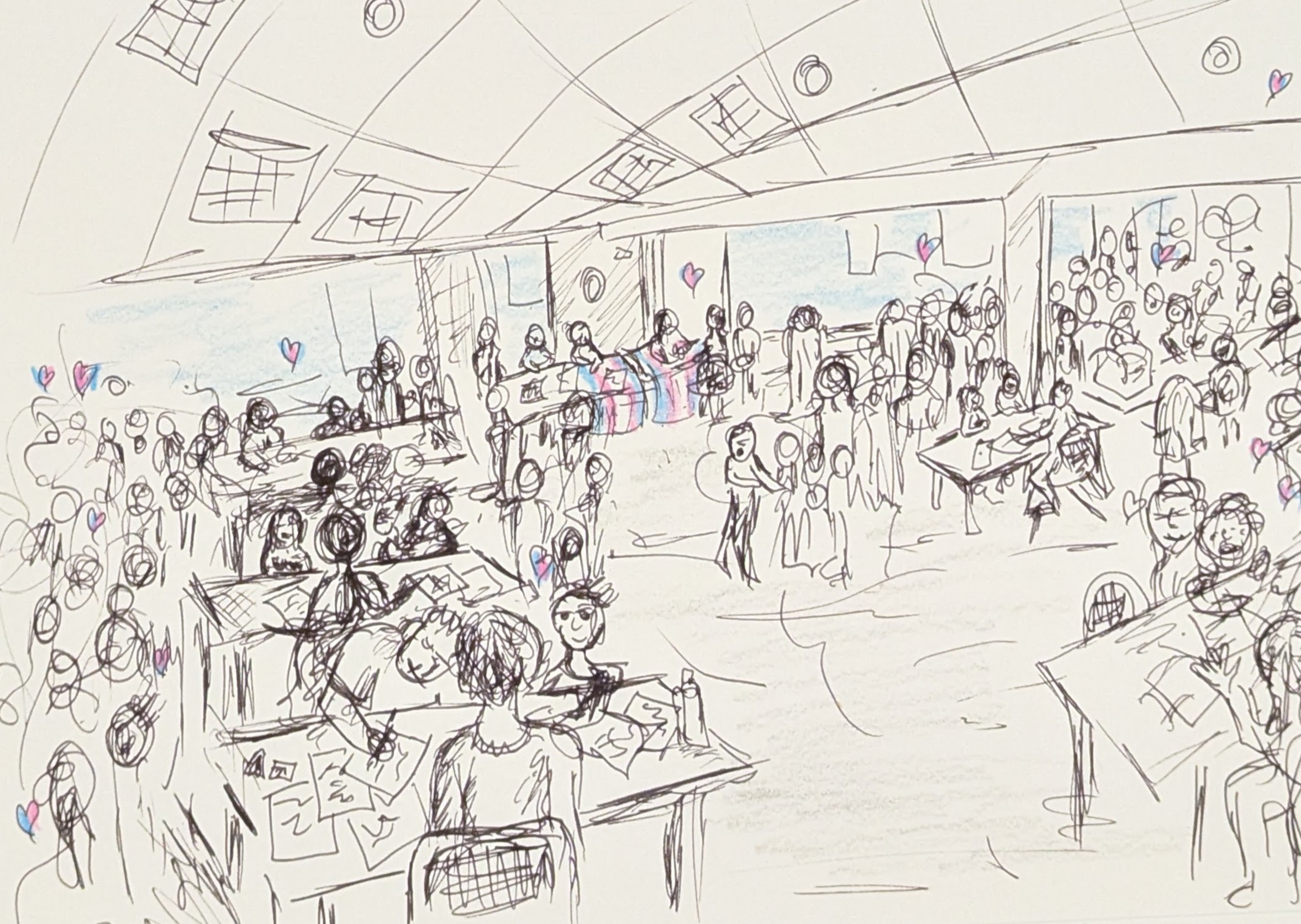 Sketch of a crowded indoor gathering, with people seated at tables and standing beneath a paneled ceiling.