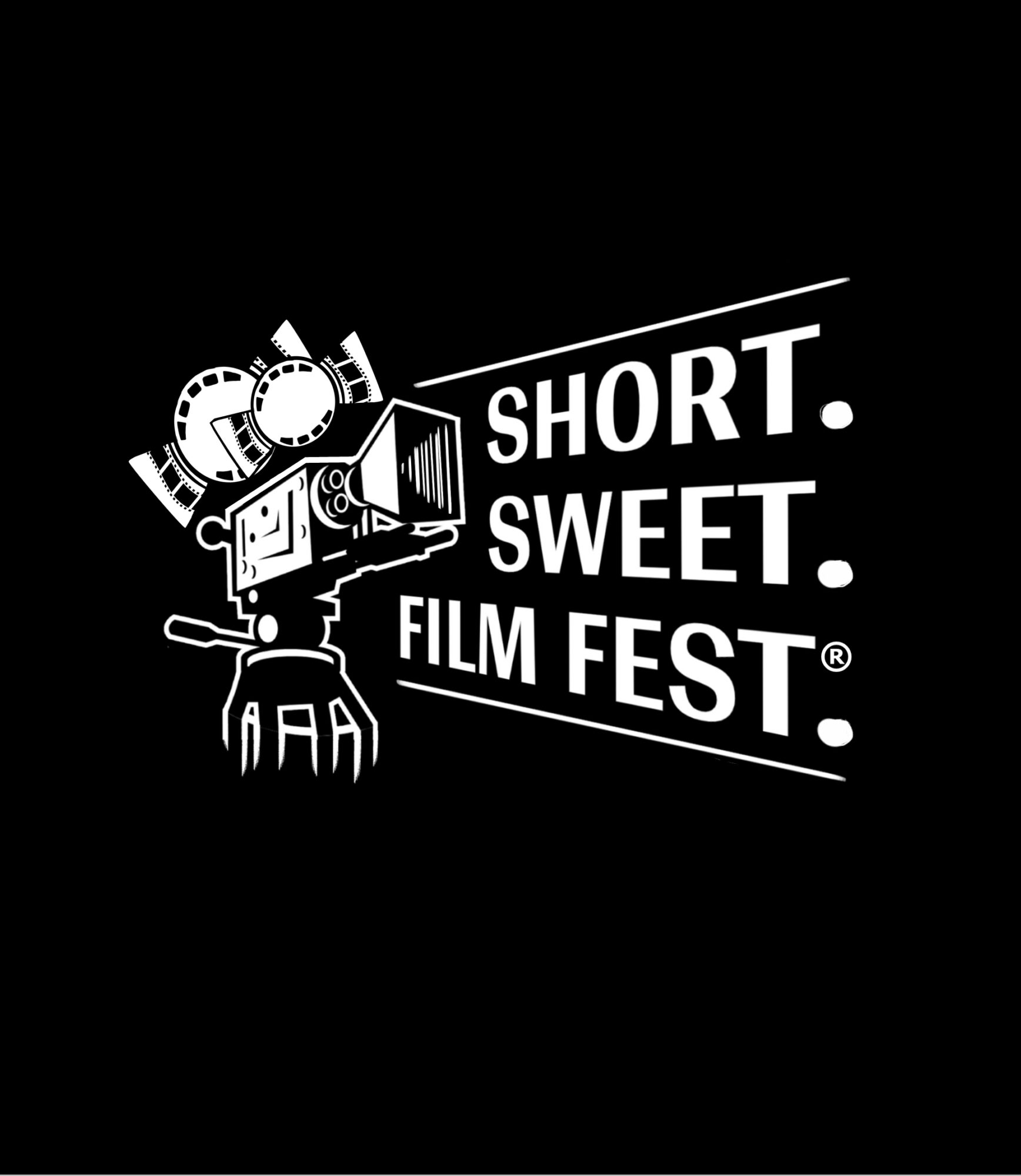 Logo with a film camera illustration and text: SHORT. SWEET. FILM FEST. in white on black background.