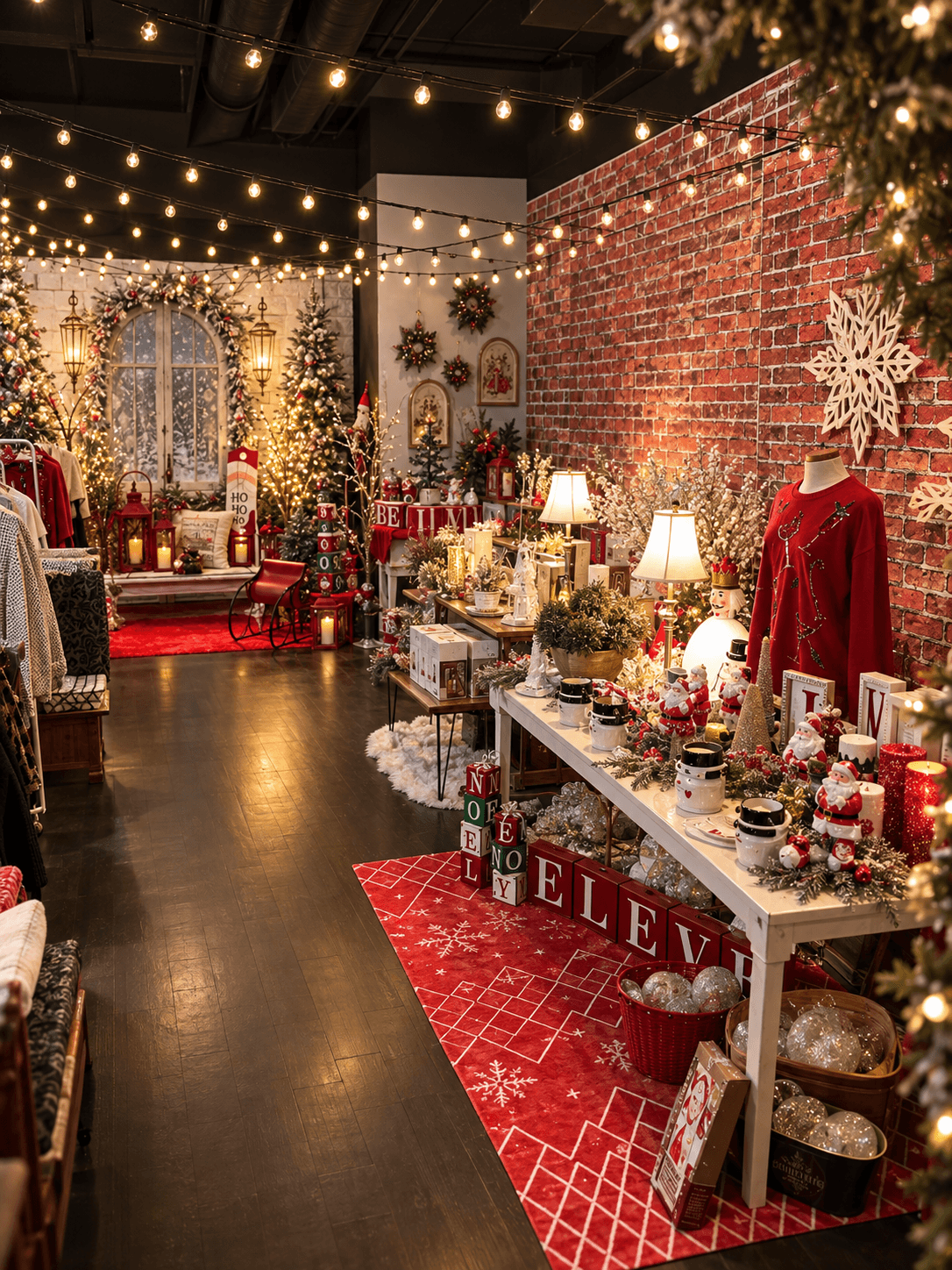 Festive holiday shop interior with a decorated tree, string lights, red clothing, and tables of seasonal ornaments.