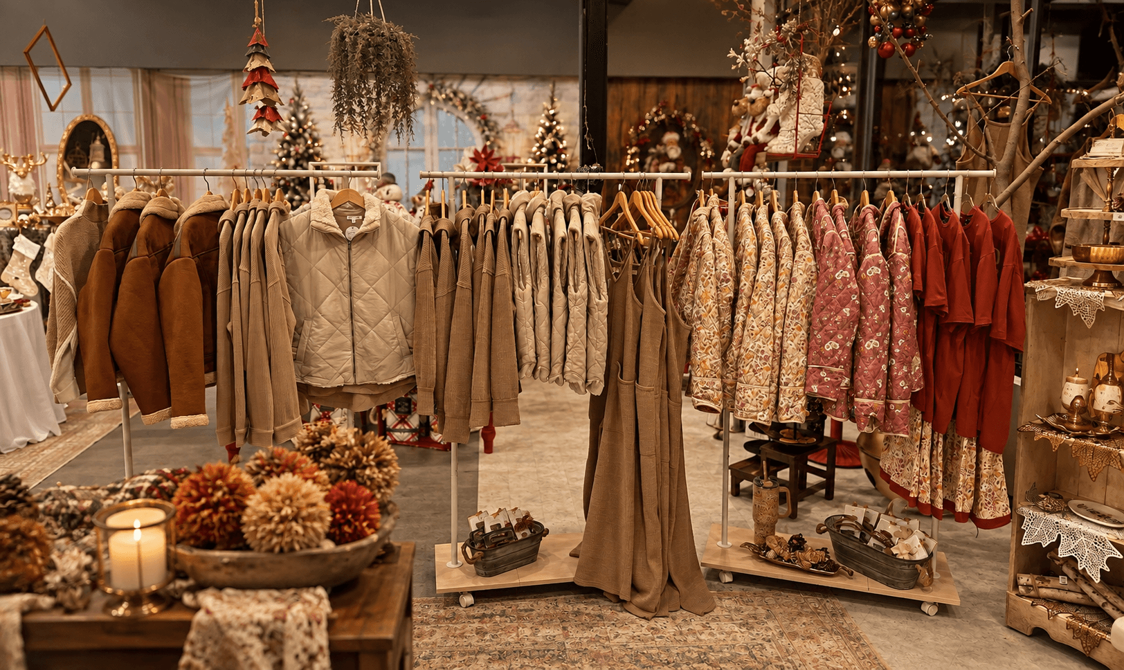 Clothing racks displaying coats, dresses, and garments in a warmly decorated shop.