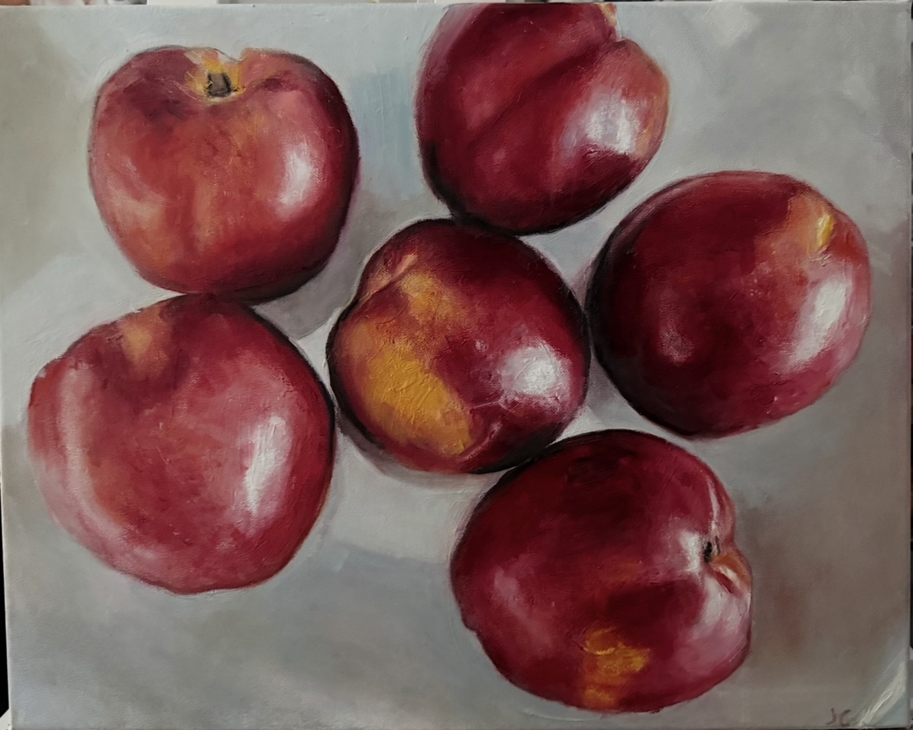 Six red apples arranged on a light gray surface.