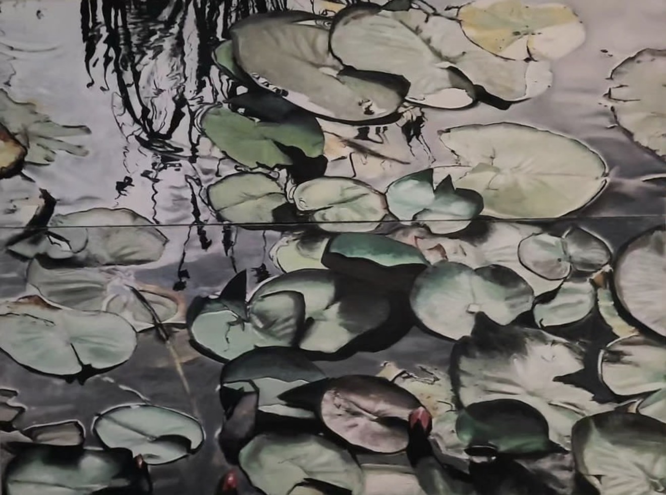 Painting of overlapping lily pads and reflections on water.